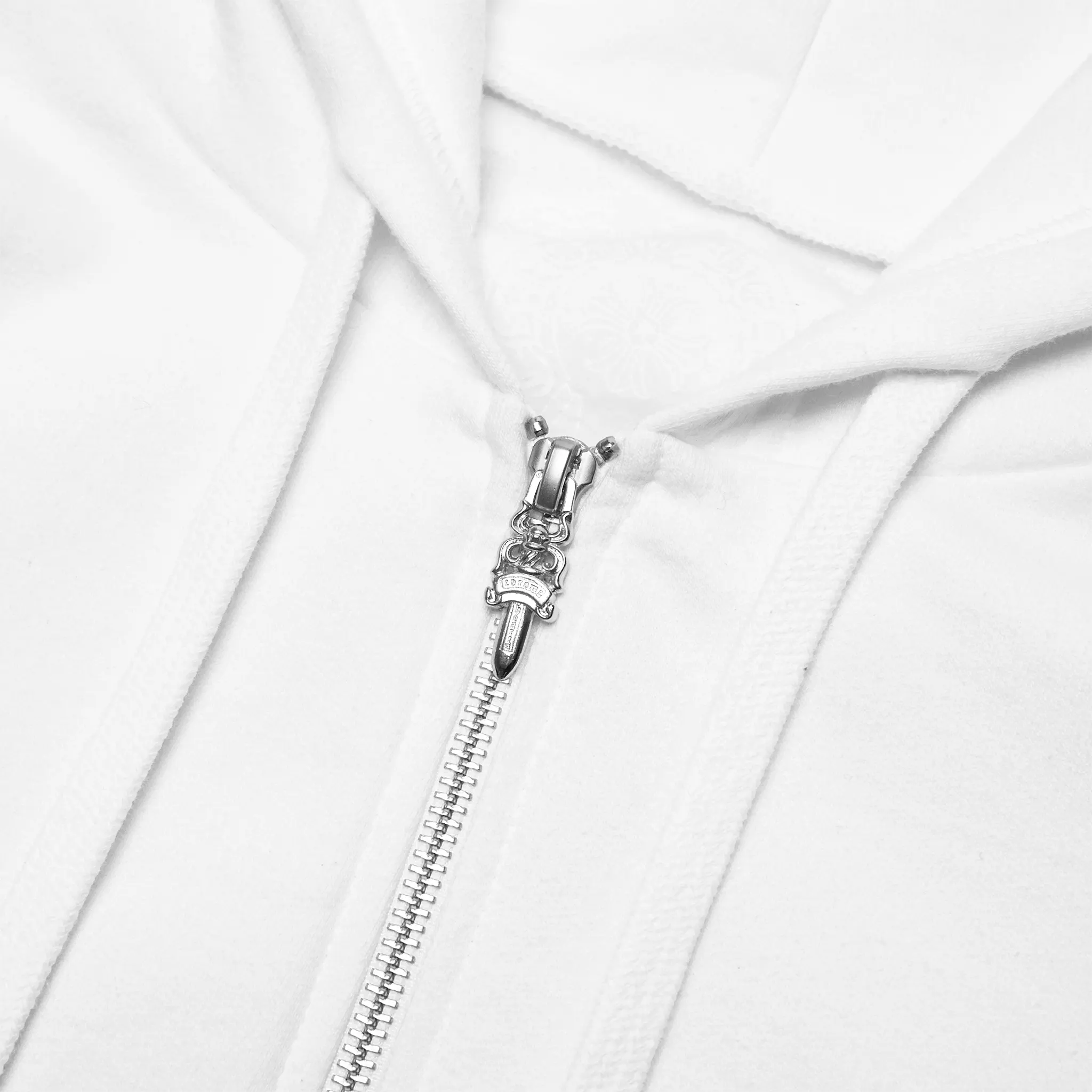 Detailed Zip View of Chrome Hearts 1988 Script Logo White Zip-Up Hoodie
